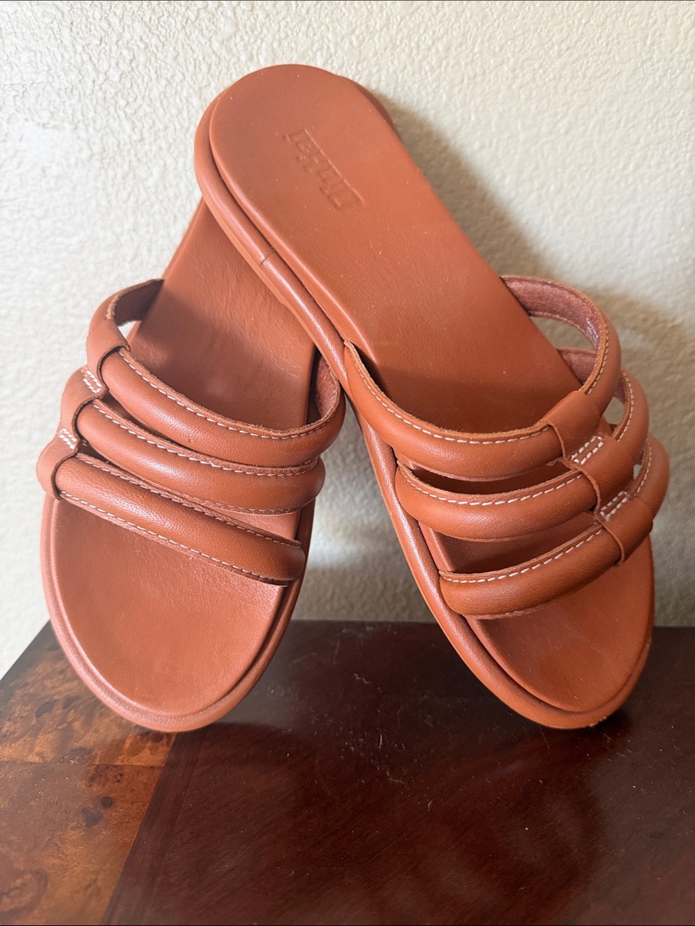 OluKai Women's Triple‑Strap Slide Sandals in Cognac Brown